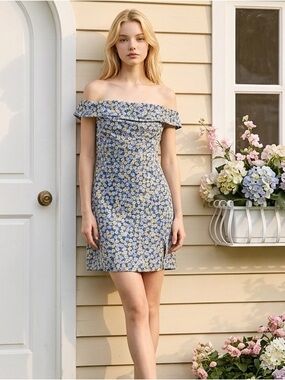 Vintage ALIVE GIRL Off Shoulder Mini Dress Teal Yellow Lavender Ditsy Print NWT